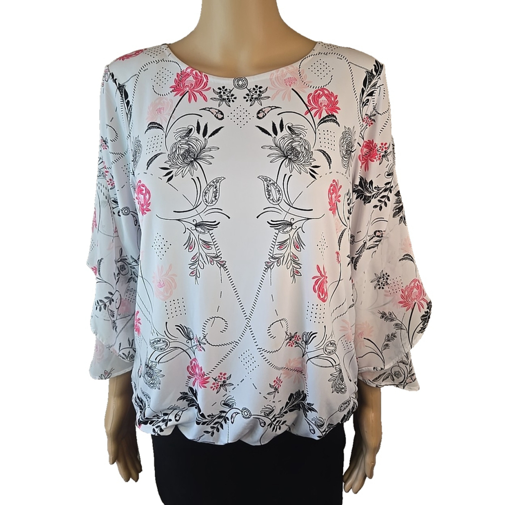 Alfani Women's White Pink Black Floral 3/4 Sleeve Blouse Size Small